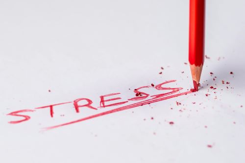 The word “stress” written in red by a broken red pencil.